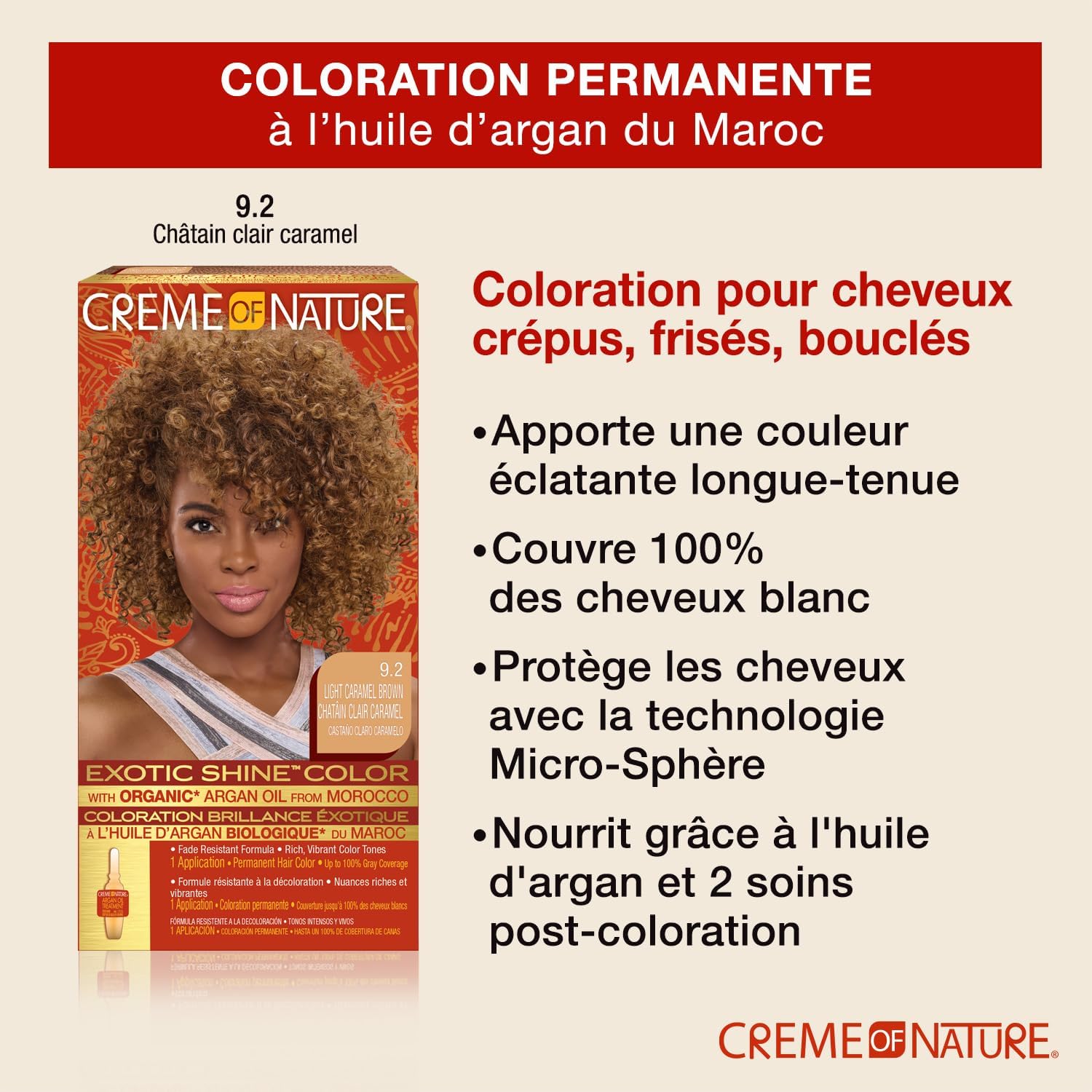 Creme of Nature - Argan Oil coloration permanente - cheveux bouclés à crépus - 100% couvrance cheveux blancs, 9.2 châtai