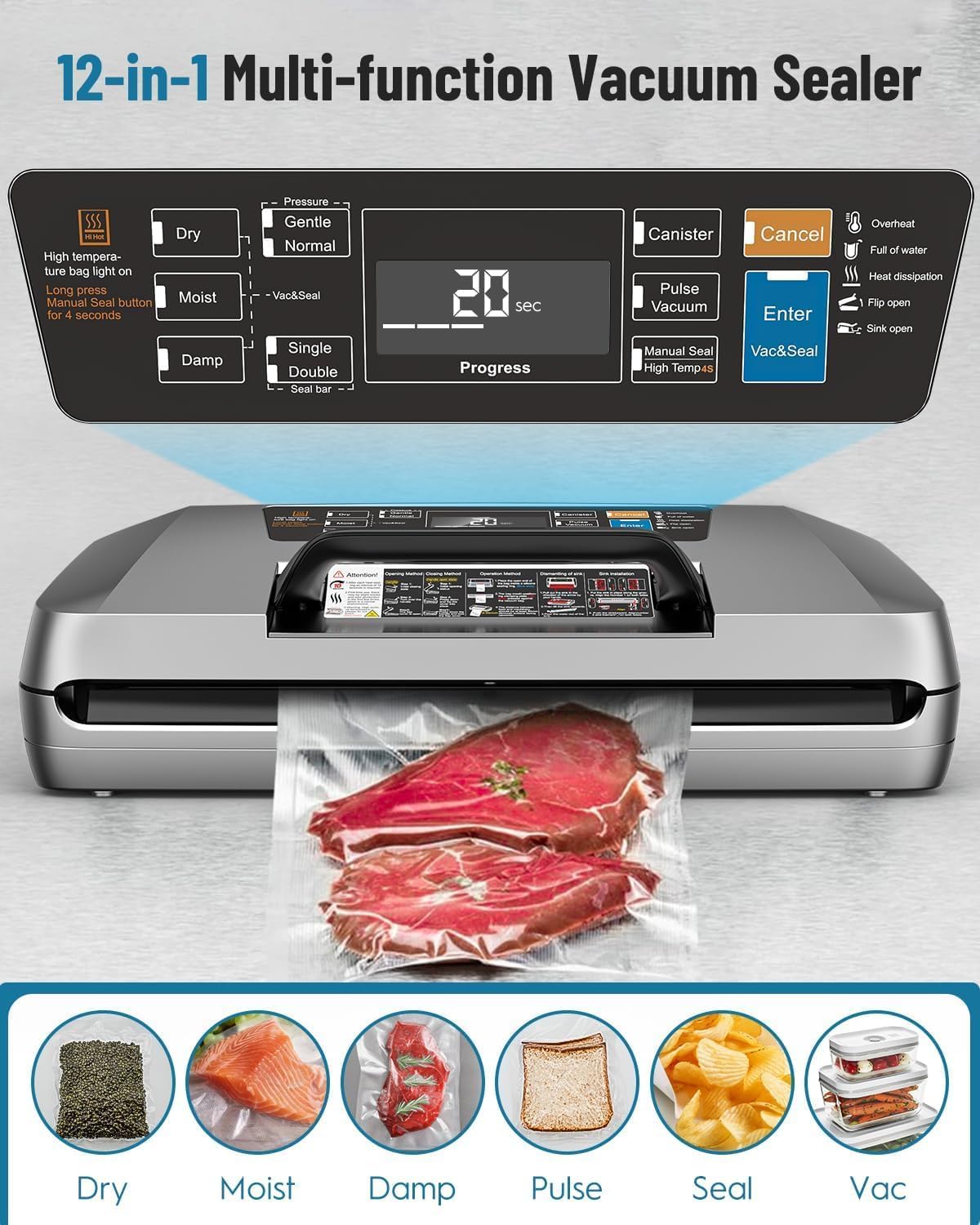 Machine Sous Vide Alimentaire - 12 en 1, 95 kPa, coupe-sac, sacs inclus