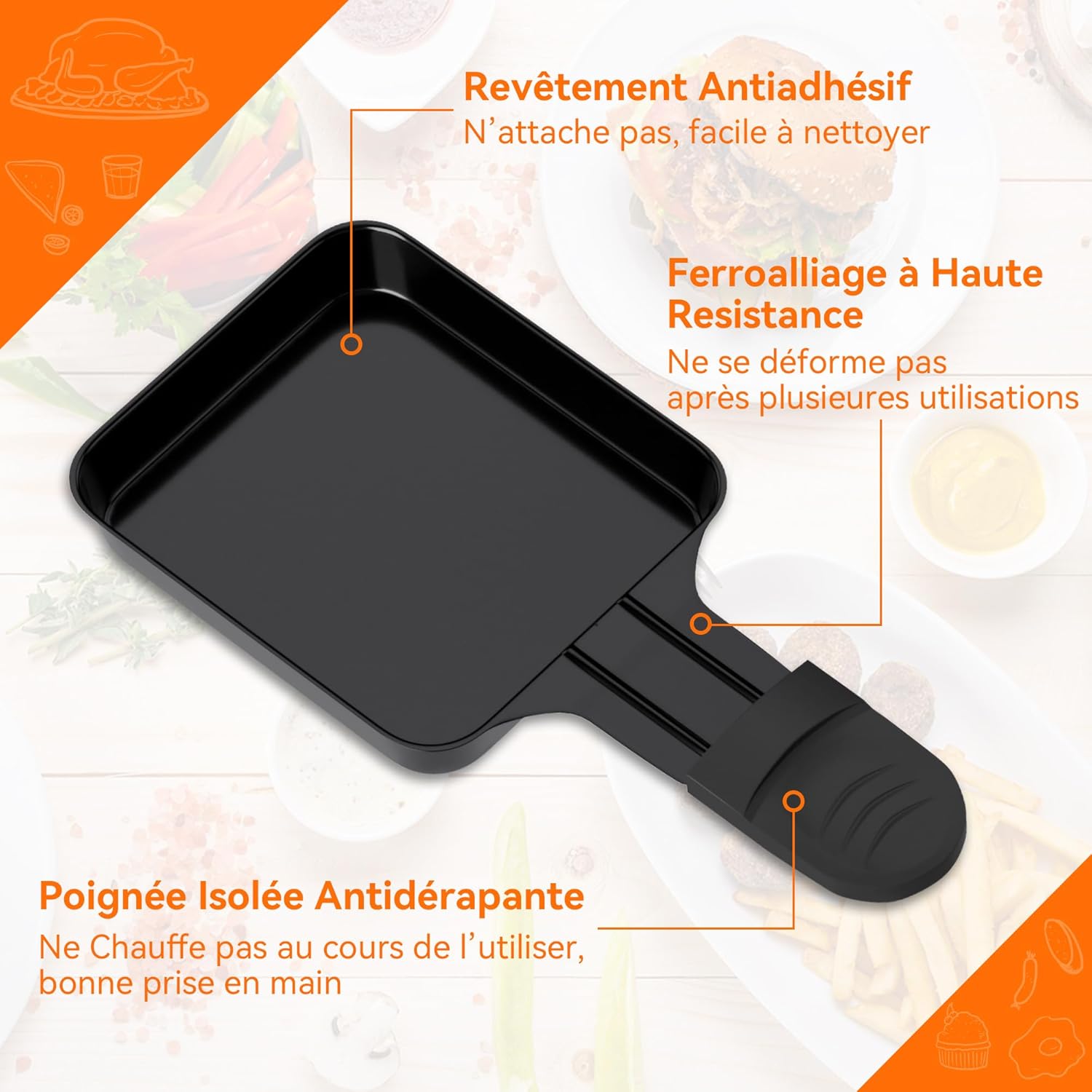 Poêlon raclette carré - 8 pièces - revêtement antiadhésif, poignées isolantes