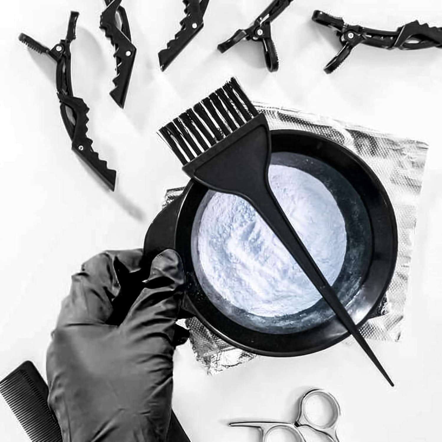 Ensemble coloration cheveux - 9 pièces - bol, pinceaux, gants, pinces