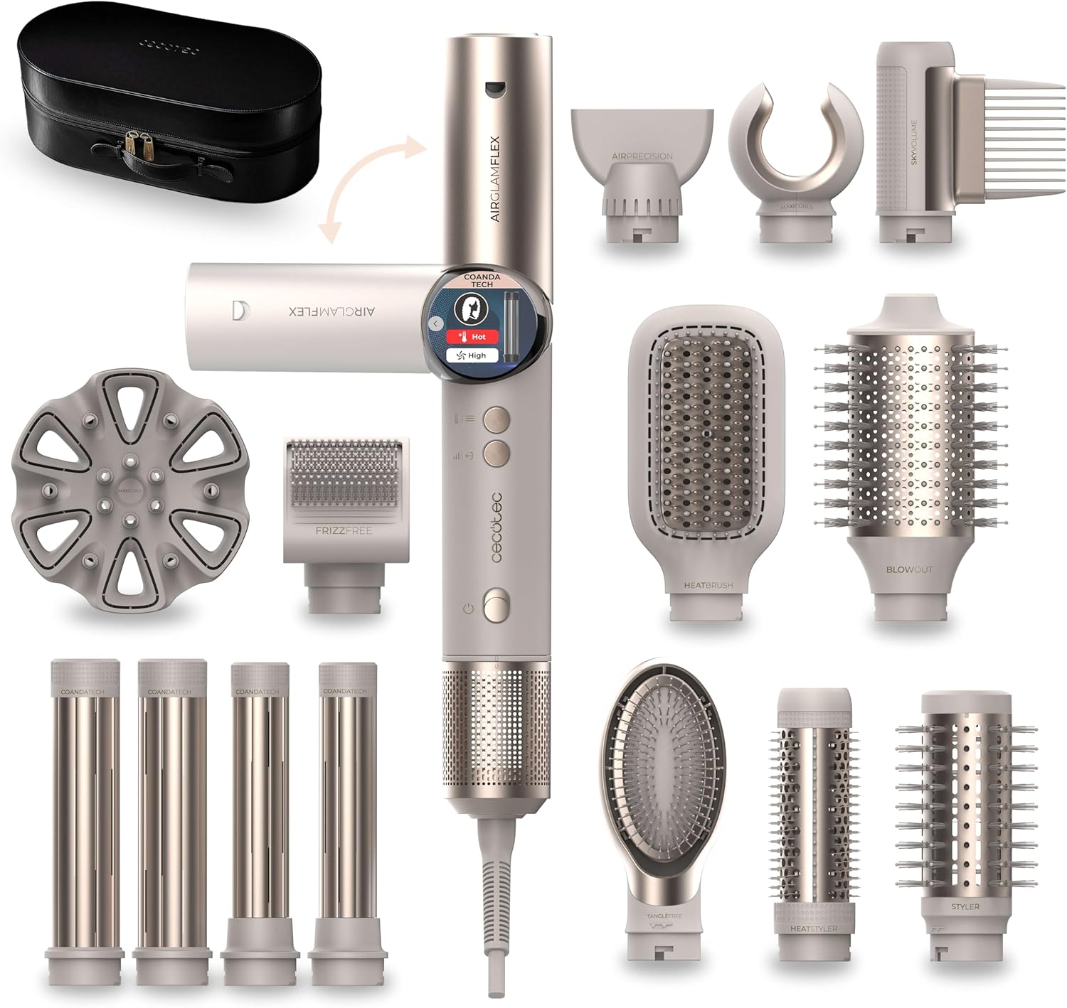 Cecotec - AirGlam 14in1 Flex - styler 1400W, écran, Coanda, céramique, kératine