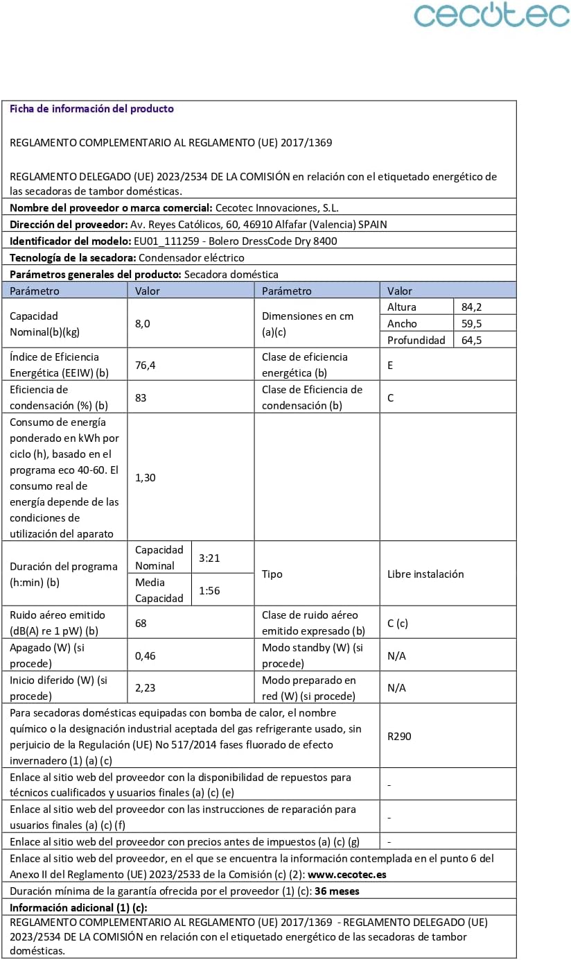 Cecotec - Bolero DressCode Dry 8400 - 8kg - pompe à chaleur, A++, 15 programmes, écran tactile