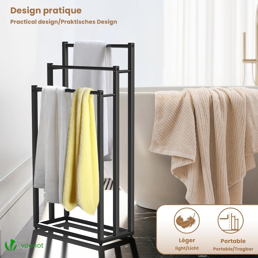 VOUNOT - Porte-serviettes sur pied, 3 niveaux, métal, noir, rangement stable