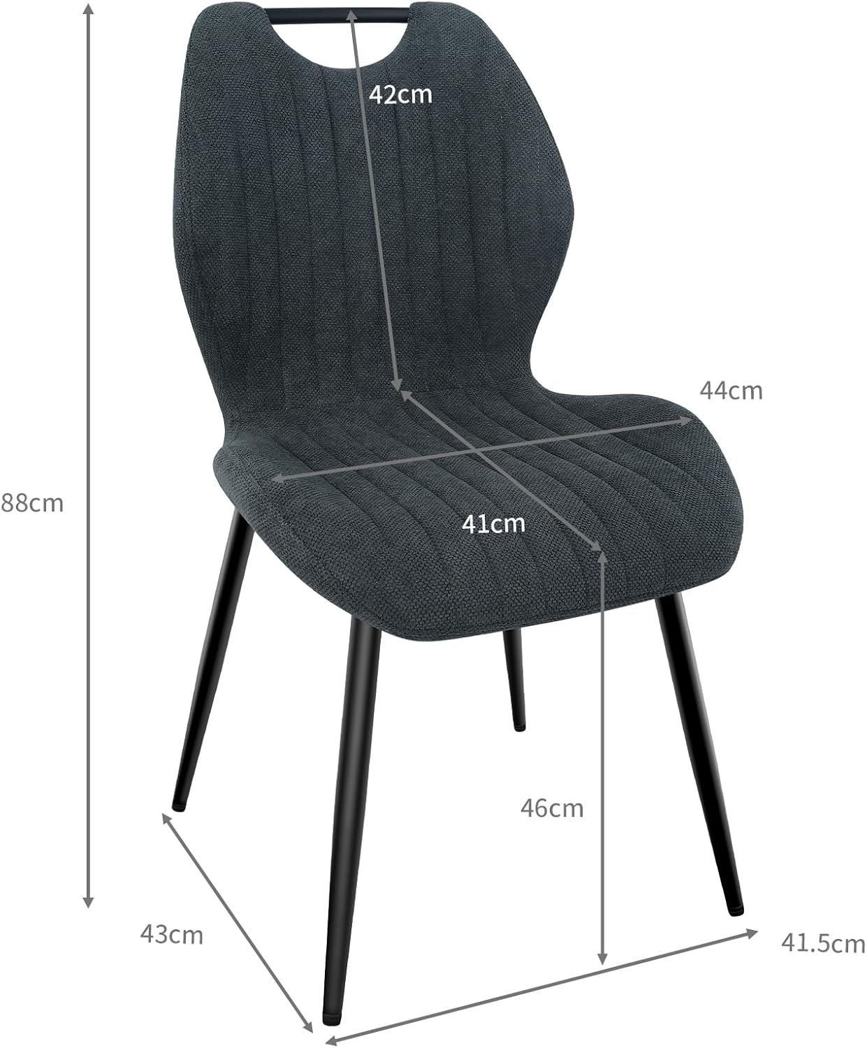 Chaises de salle à manger - lot de 6 - tissu gris foncé, pieds métal, dossier tapissé, assise confortable