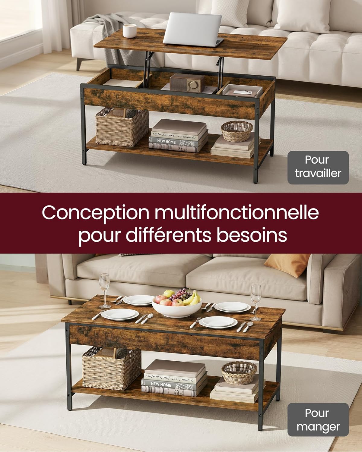 VASAGLE - Table basse relevable, 100x50cm, rangements, LCT261KD02