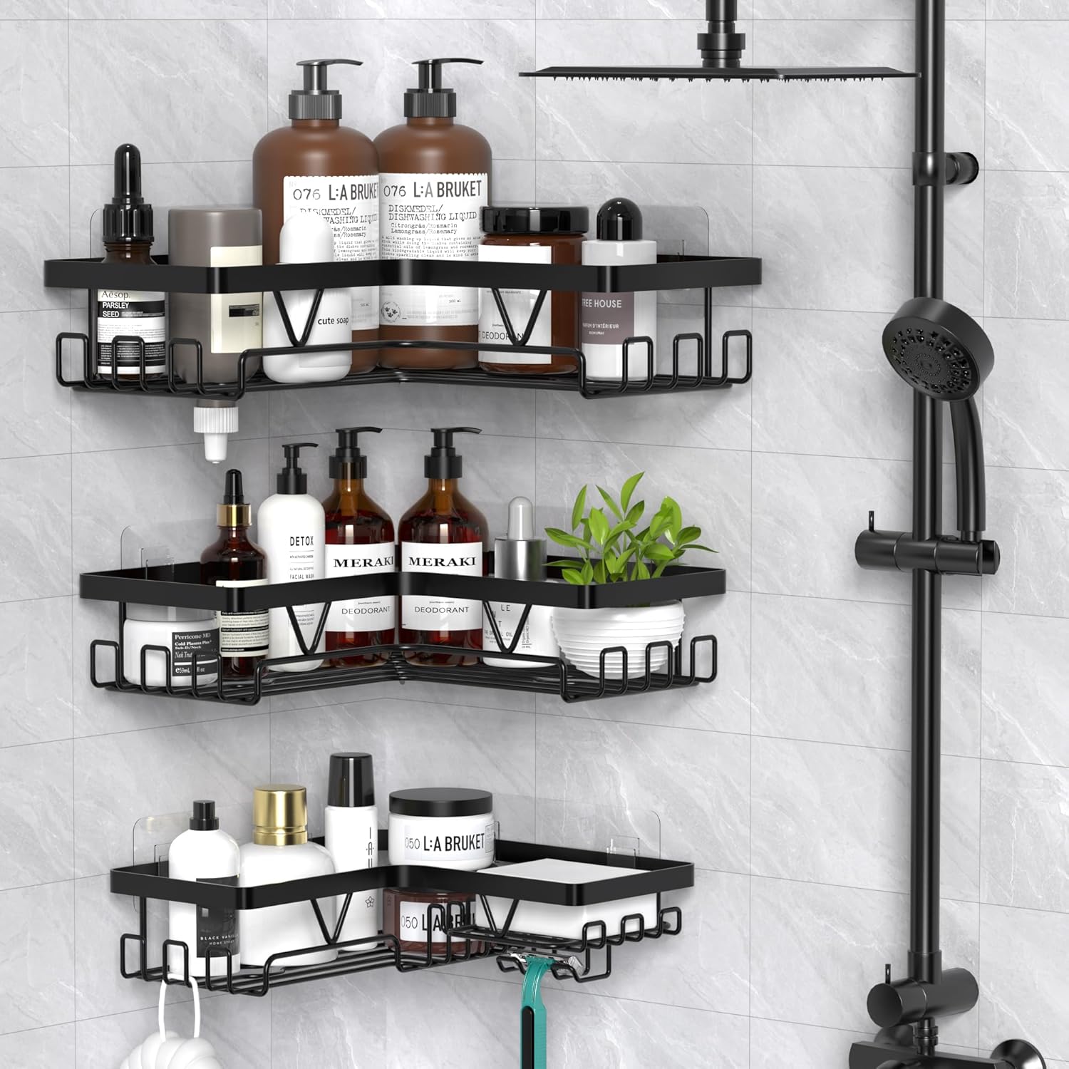 Etagere douche - 3 pièces, angle, sans perçage, noir, rangement optimisé