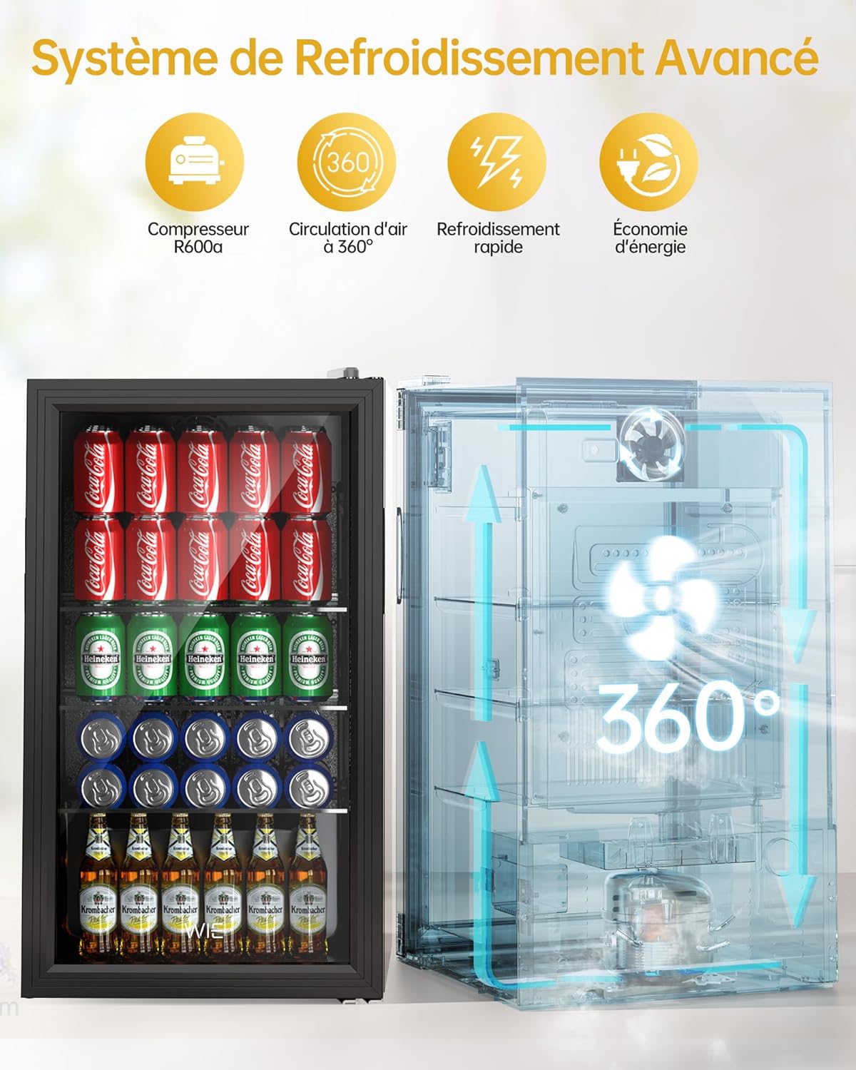 WIE - Réfrigérateur mini bar 83L, silencieux, 0-10°C, noir - WIE