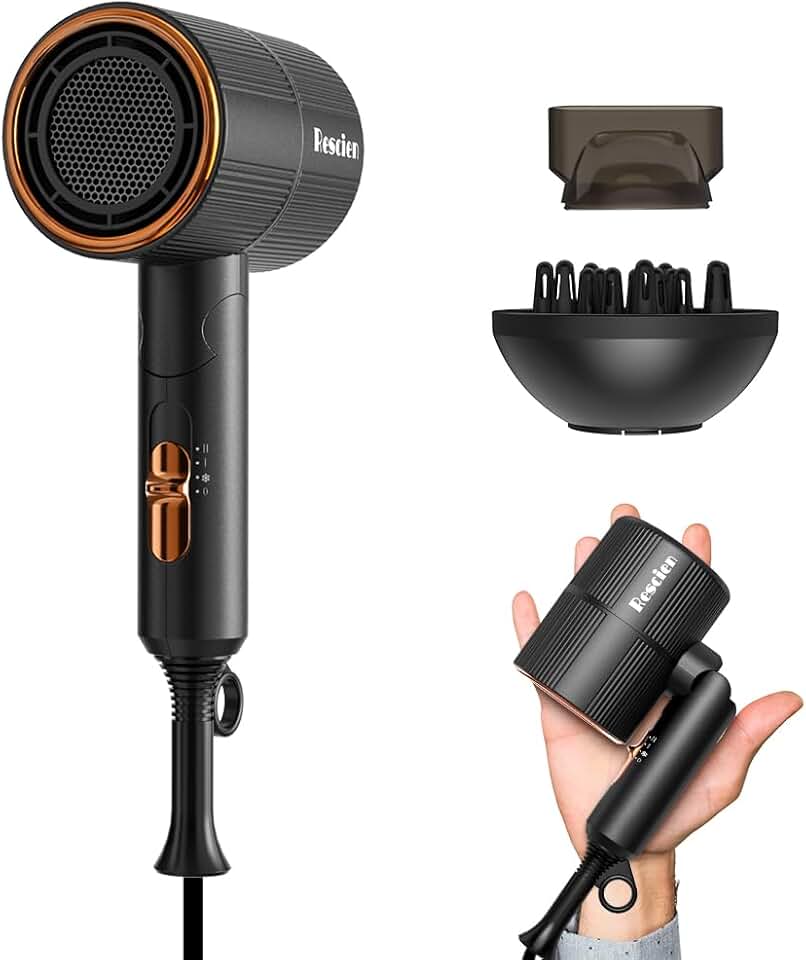 RESCIEN - Sèche-cheveux ionique pliable - 10x7x19cm - 2000W, léger, sèche rapidement, voyage - 2026