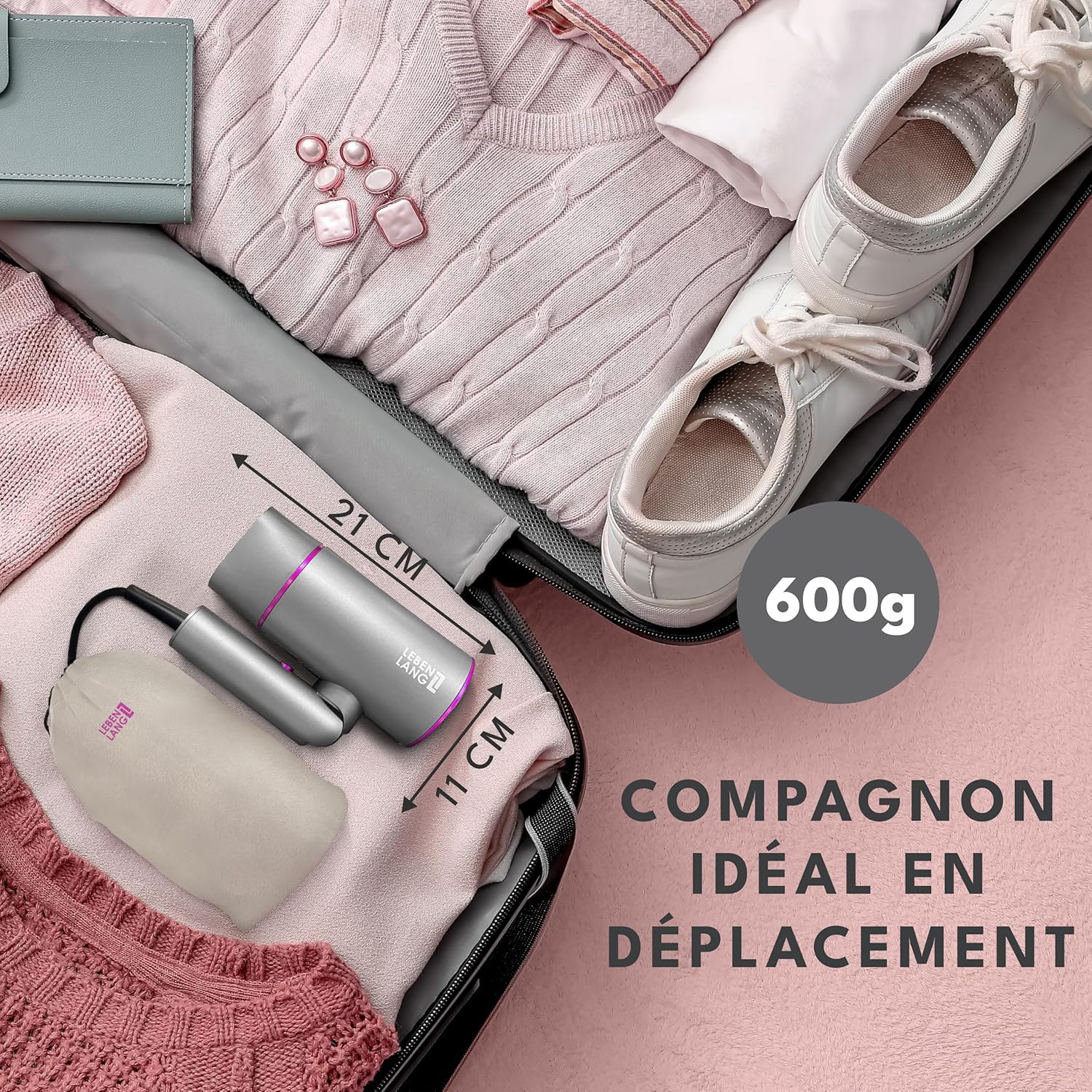 LEBENLANG - Sèche-cheveux ionique pliable 2100W, air froid, anti-fourches, Gris Seche Cheveux Ionique 2100W