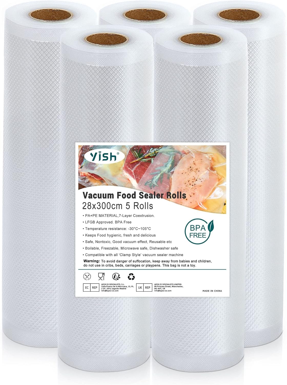 YISH - rouleaux sous vide alimentaire - 28x300cm - sans BPA, 5 pièces