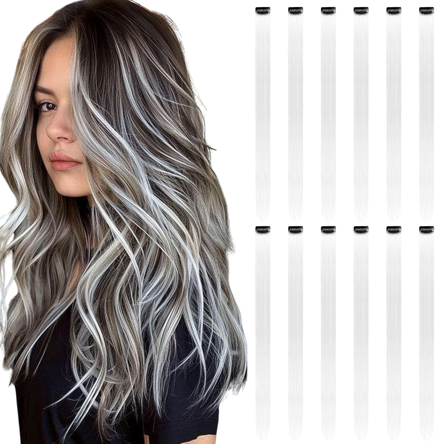 Extensions de cheveux - mèches colorées à clipser, 12 pcs, blanc