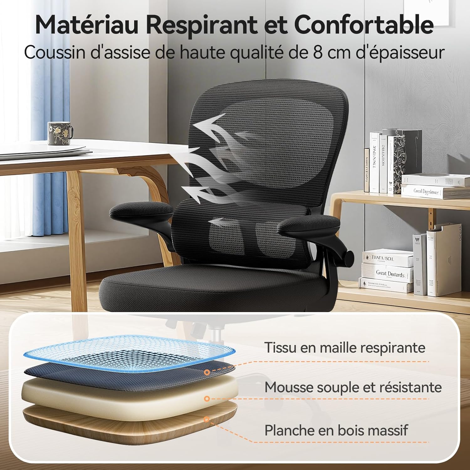Naspaluro - chaise de bureau ergonomique - support lombaire C - accoudoirs réversibles, maille respirante, noir