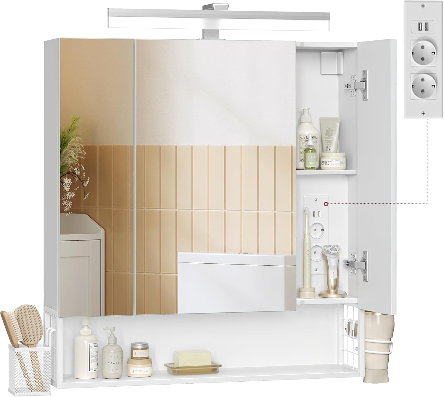 VASAGLE - meuble salle de bain LED, 16.5x70x75 cm, multiprise, BBK126W01