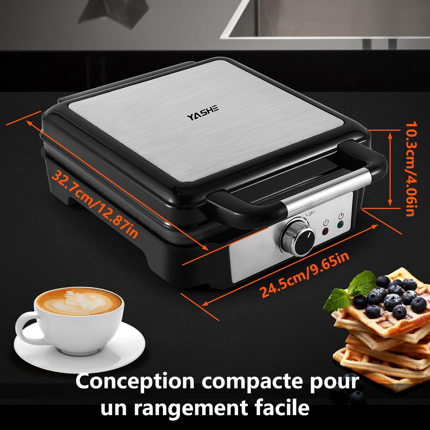 YASHE - Gaufrier 4 tranches - ajustement dorure, 1200W, antiadhésif