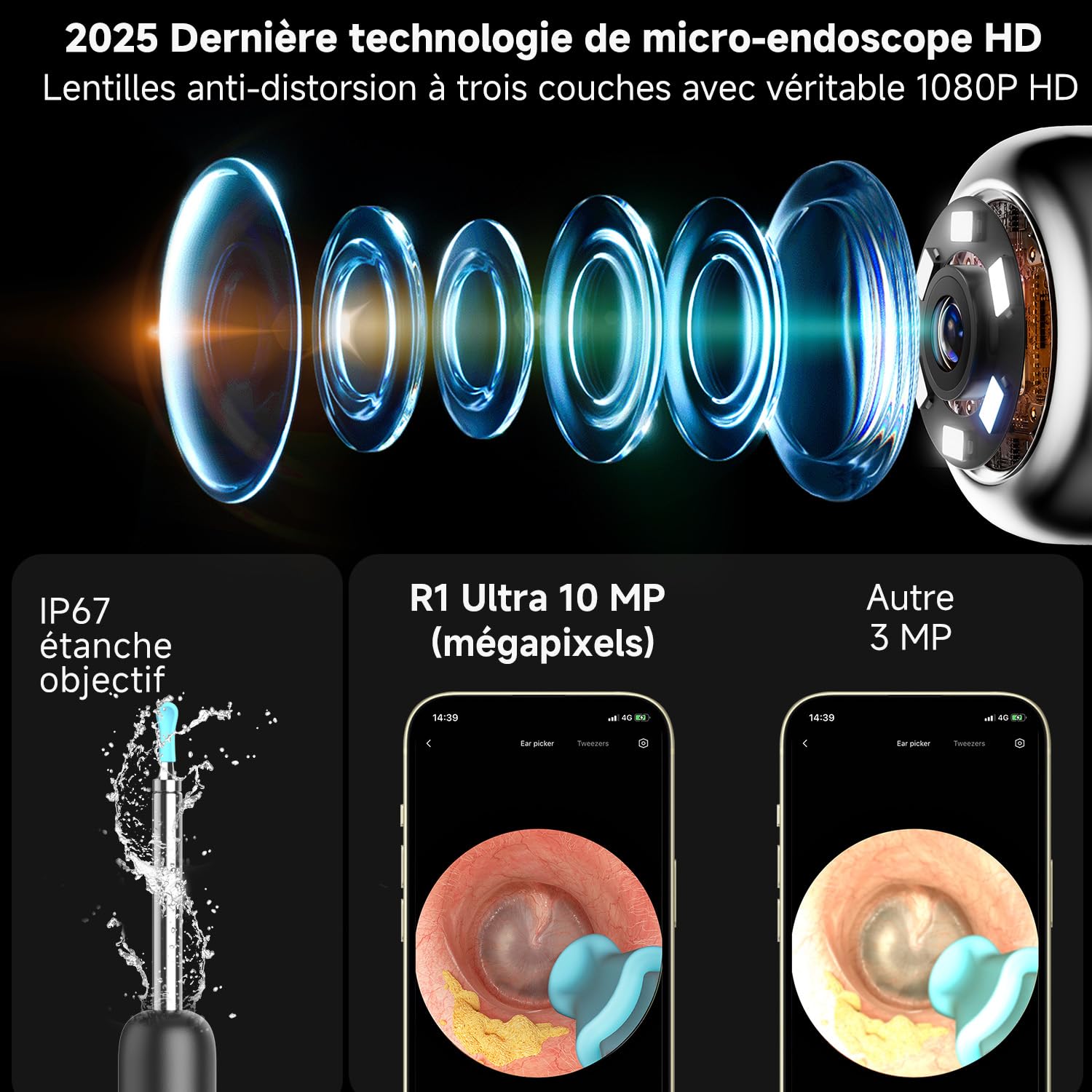 Otoscope - Kit nettoyage oreille caméra lumière USB - nettoyage précis