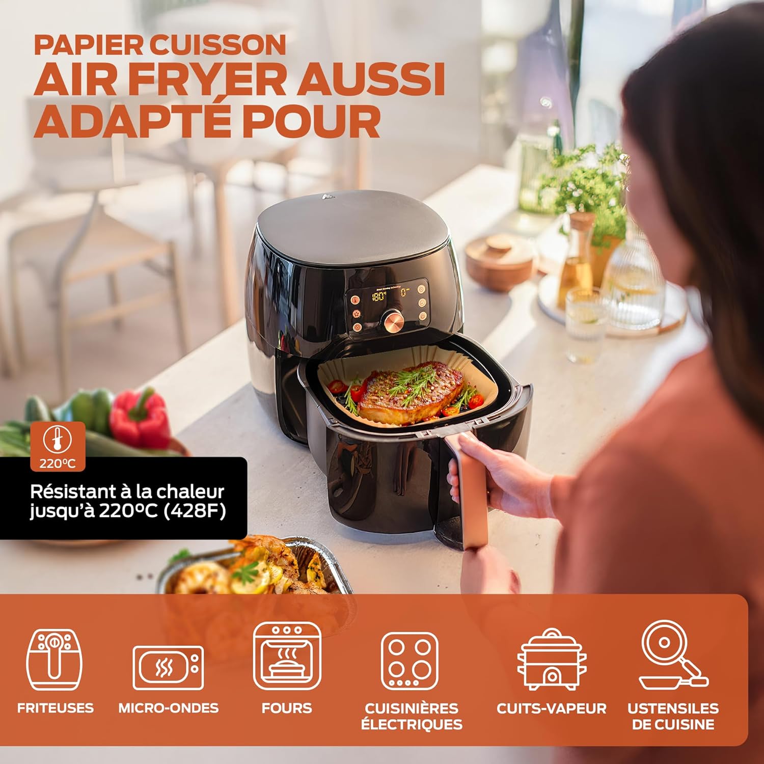 PORTENTUM - papier cuisson air fryer - 20x24 cm - 100 pièces, sans BPA, adapté 5-8L