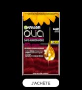 Le texte indique « JACHÉ ». Emballage du produit de teinture capillaire montrant un échantillon de couleur rouge intense avec des informations sur le produit.