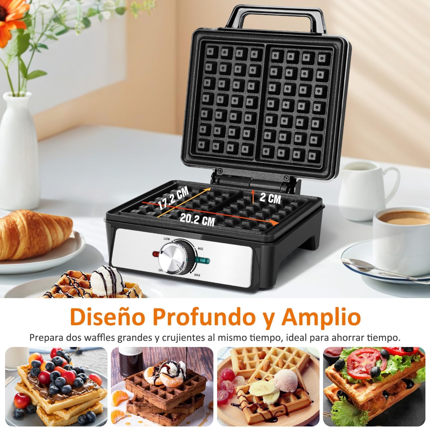 Aigostar - Gaufrier inox 1600W, 20,2x17,2x2 cm, plaques antiadhésives, température réglable