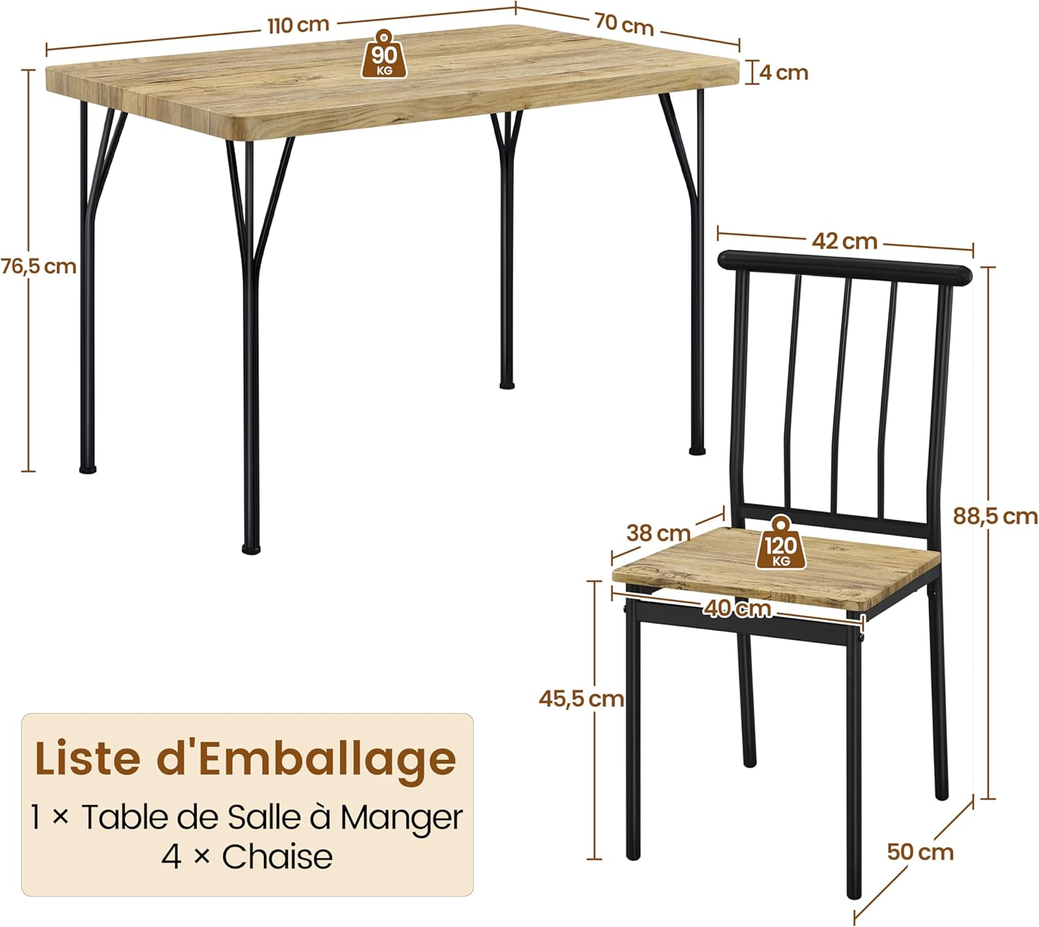 Yaheetech - ensemble salle à manger 4 chaises bois/métal, compact