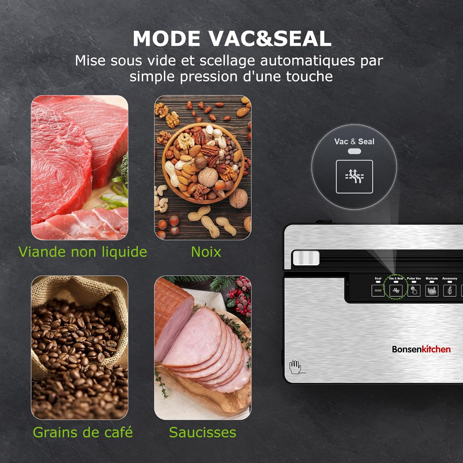 Bonsenkitchen - machine sous vide 8 L/min, 5 modes, sacs inclus