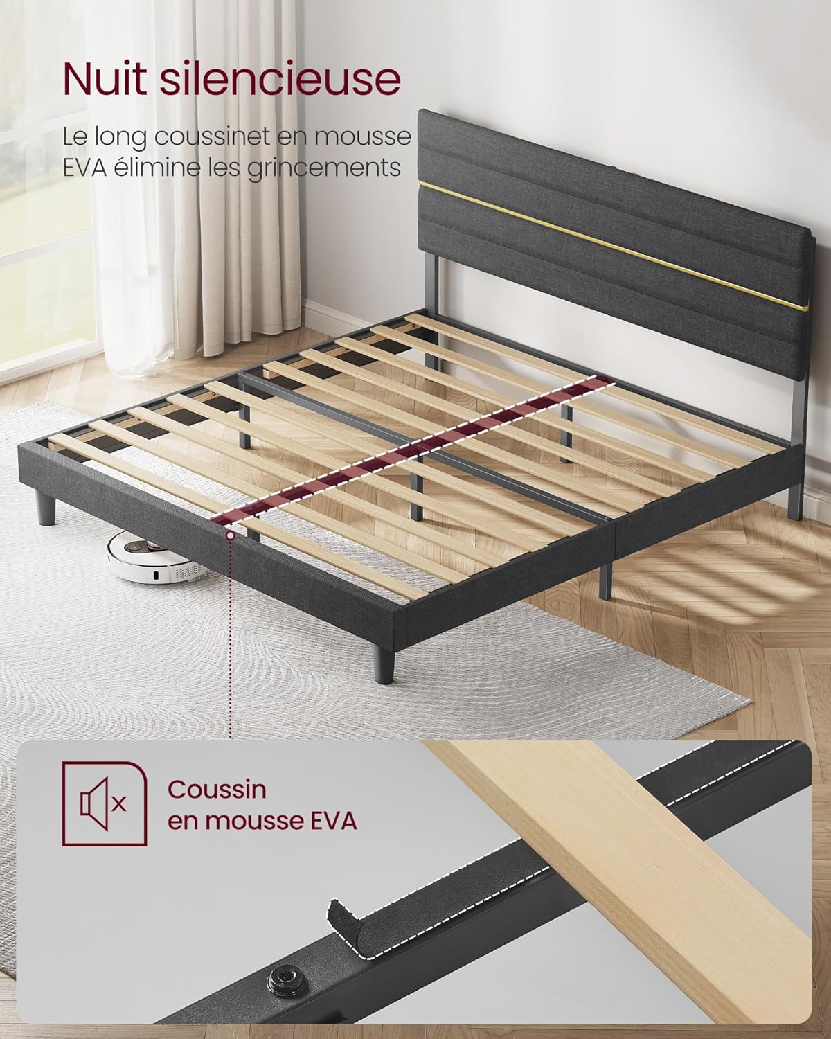 VASAGLE - lit double rembourré, 180x200 cm, métal, bois, gris, RMB508G01V1