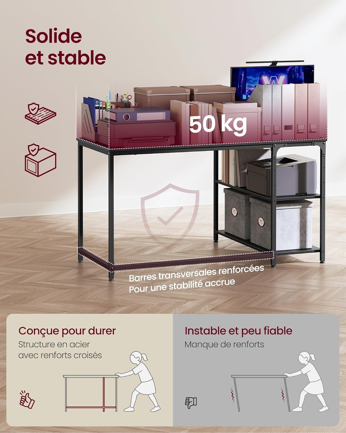 VASAGLE - Bureau L Gaming - 120x80 cm - rangement, prises USB - LWD132BE01
