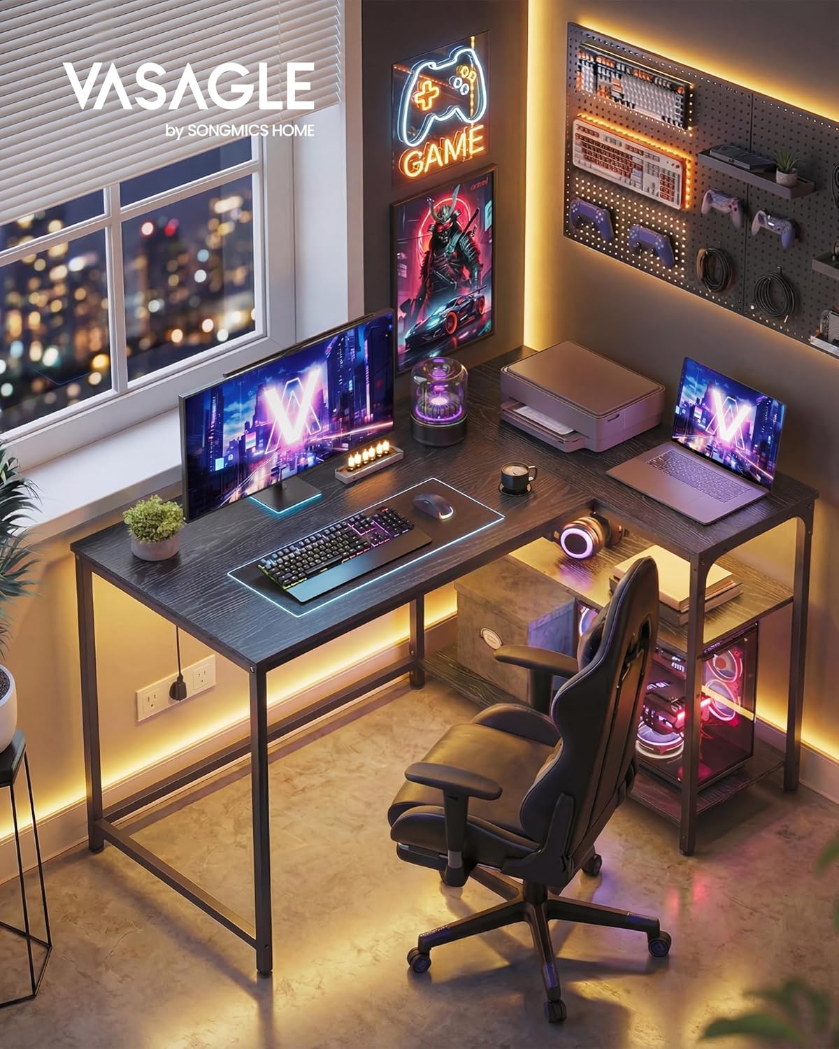 VASAGLE - bureau gaming LWD135BE01 - 110x80cm - étagères réglables, rangement