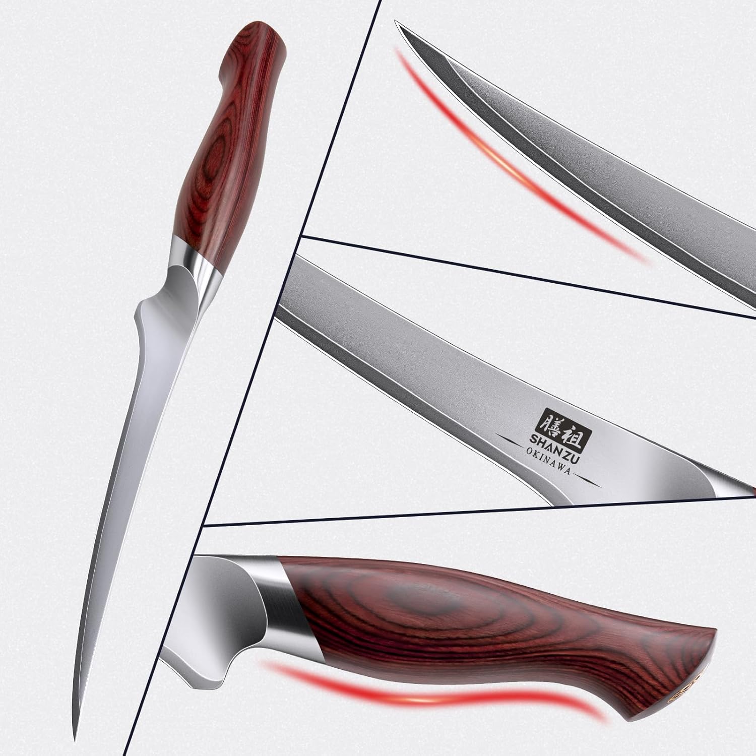 SHAN ZU - couteau à filet professionnel 18cm - acier 10Cr15MoV, manche pakkawood, flexible