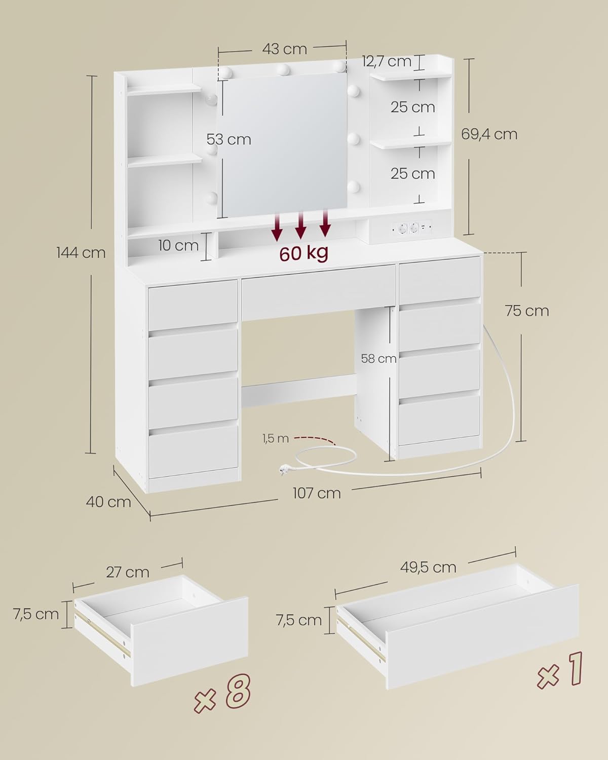VASAGLE - Kailyn Collection - coiffeuse LED, 9 tiroirs, blanc, RDT141WB02