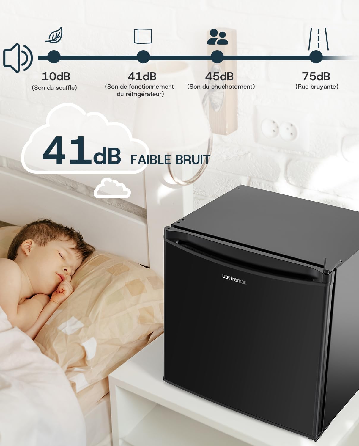 Upstreman - mini frigo 46L - congélateur, silencieux, porte réversible, FR17