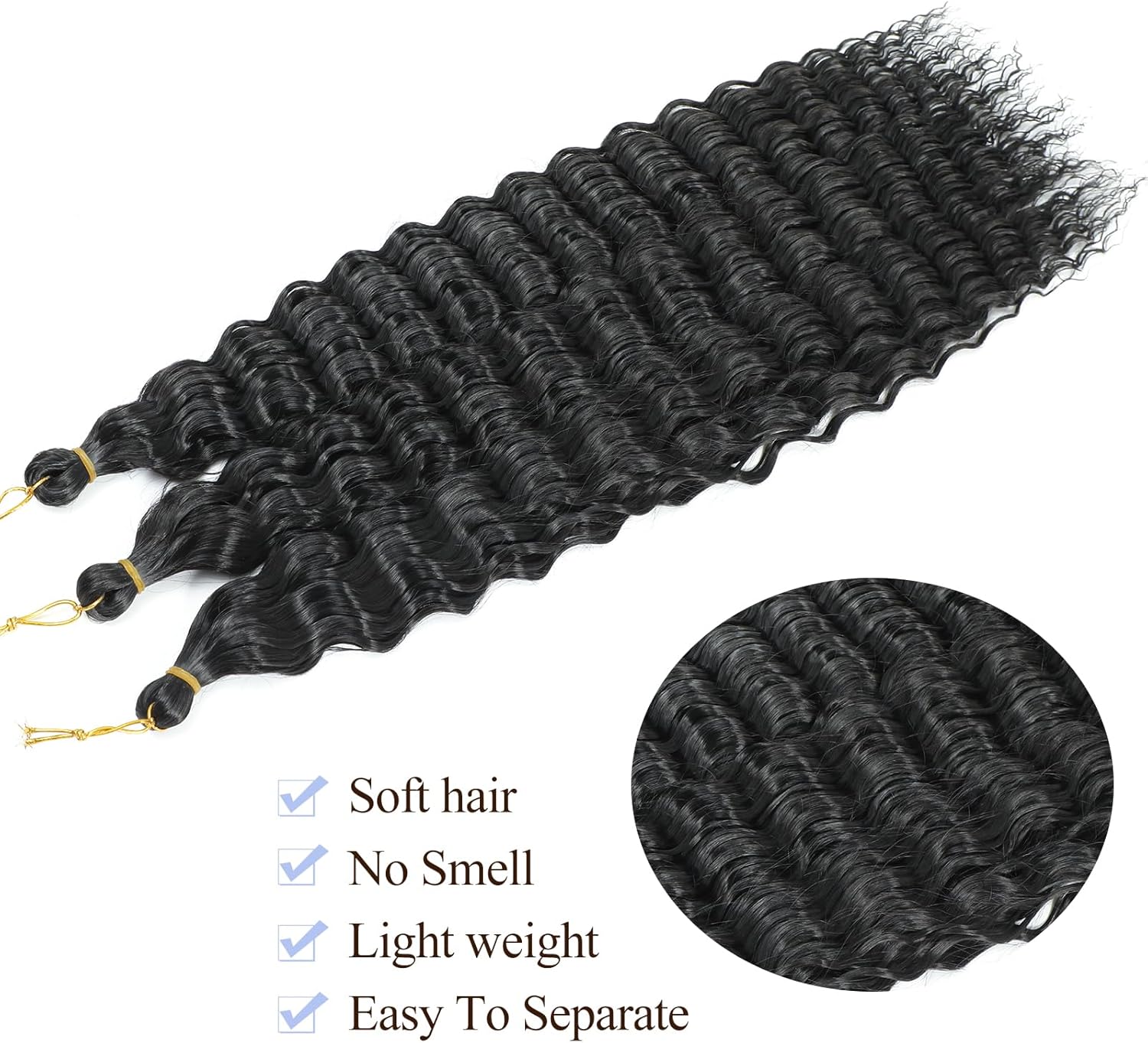 Extensions cheveux - Deep Twist Ocean Wave - 18 pouces - 3 paquets, boucles synthétiques, souples, couleur 1B