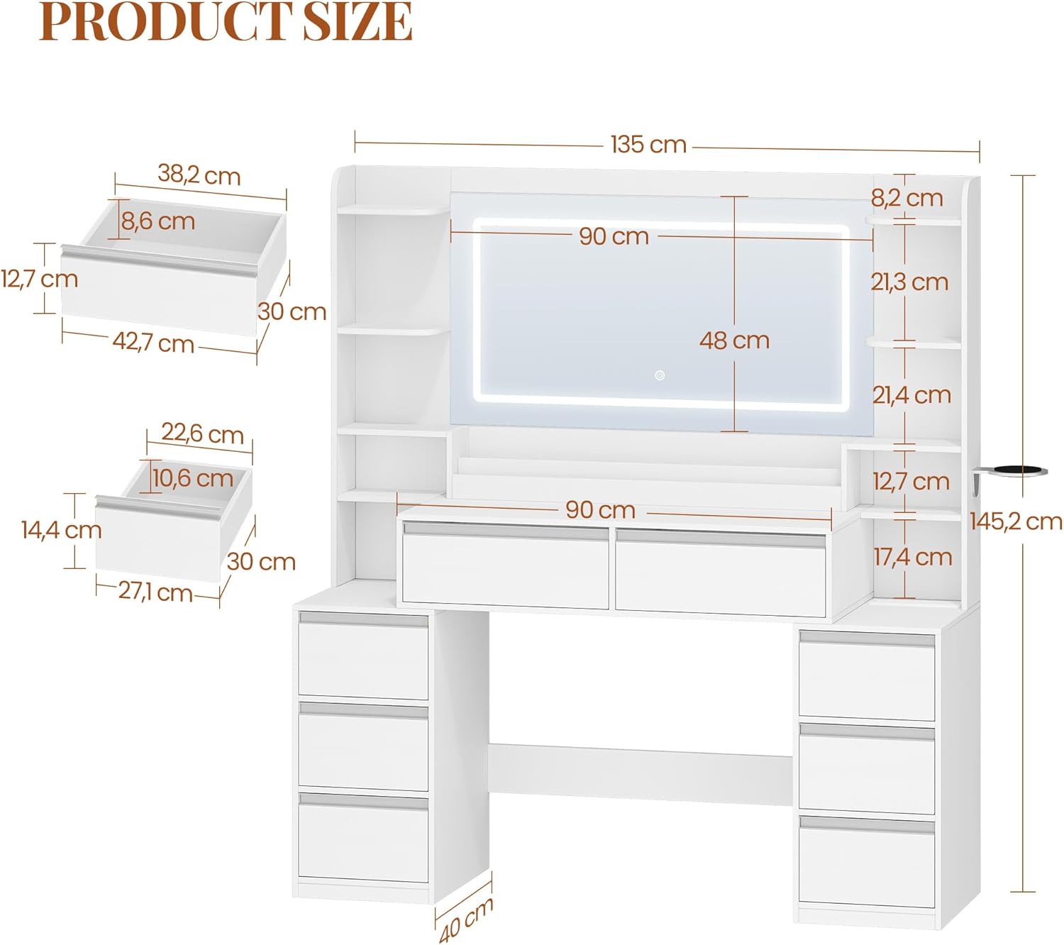 Coiffeuse - 135 cm - miroir LED, 8 tiroirs, prises, blanc-argent