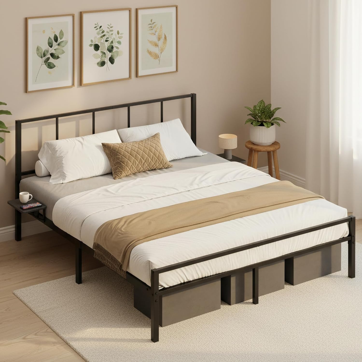 VASAGLE - cadre de lit série RMB - 160x200 cm - métal, étagères, tête de lit, montage facile - RMB195BD01