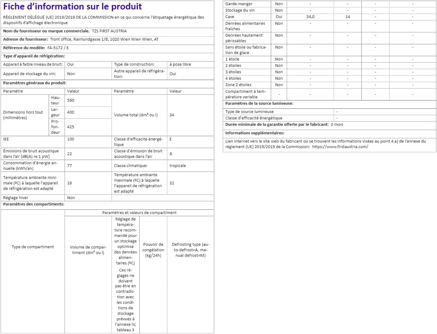 TZS First Austria - Mini frigo 40L - silencieux, porte réversible, lumière intérieure