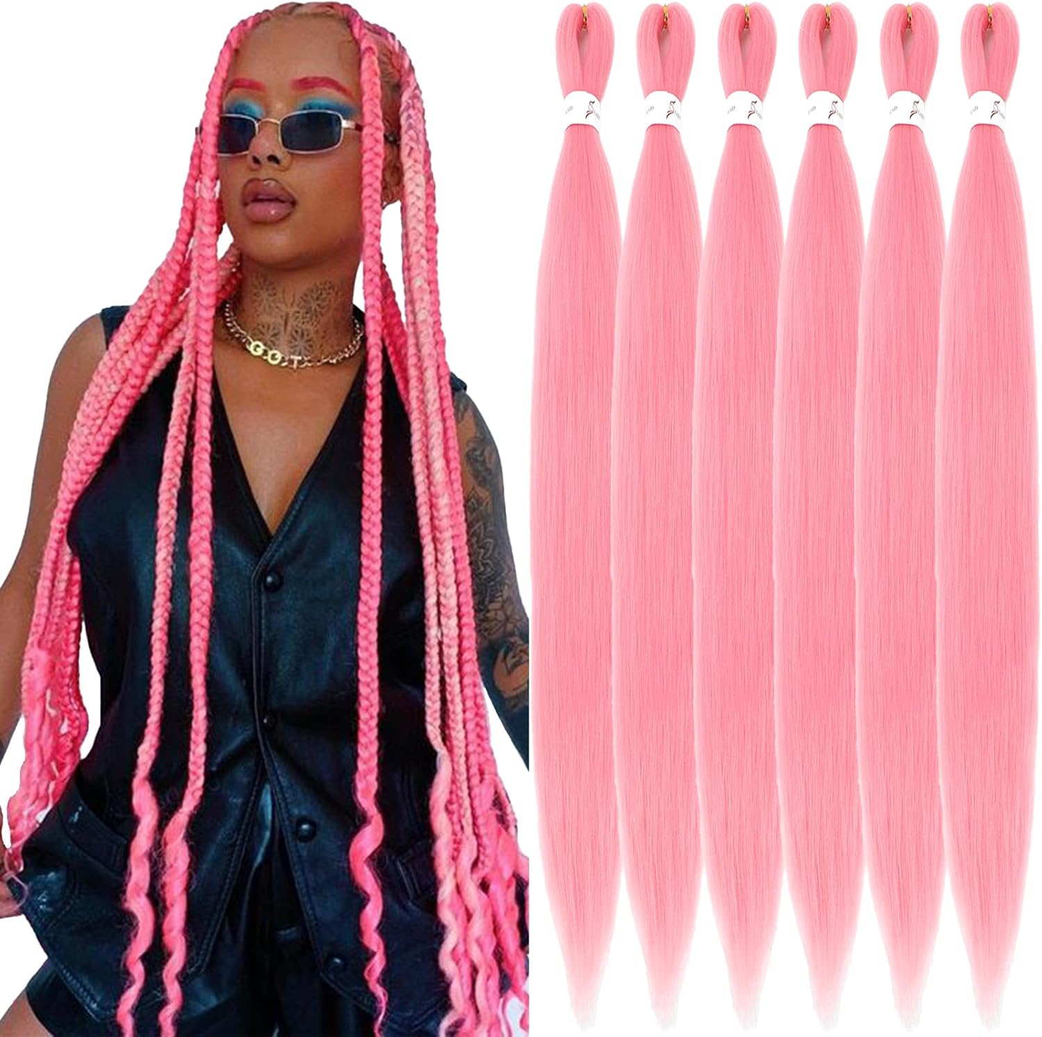 Rajout cheveux tressés pré-étirés 30 pouces rose Kanekalon, lisse, 6 paquets, synthétique, Yaki, EZ Braids