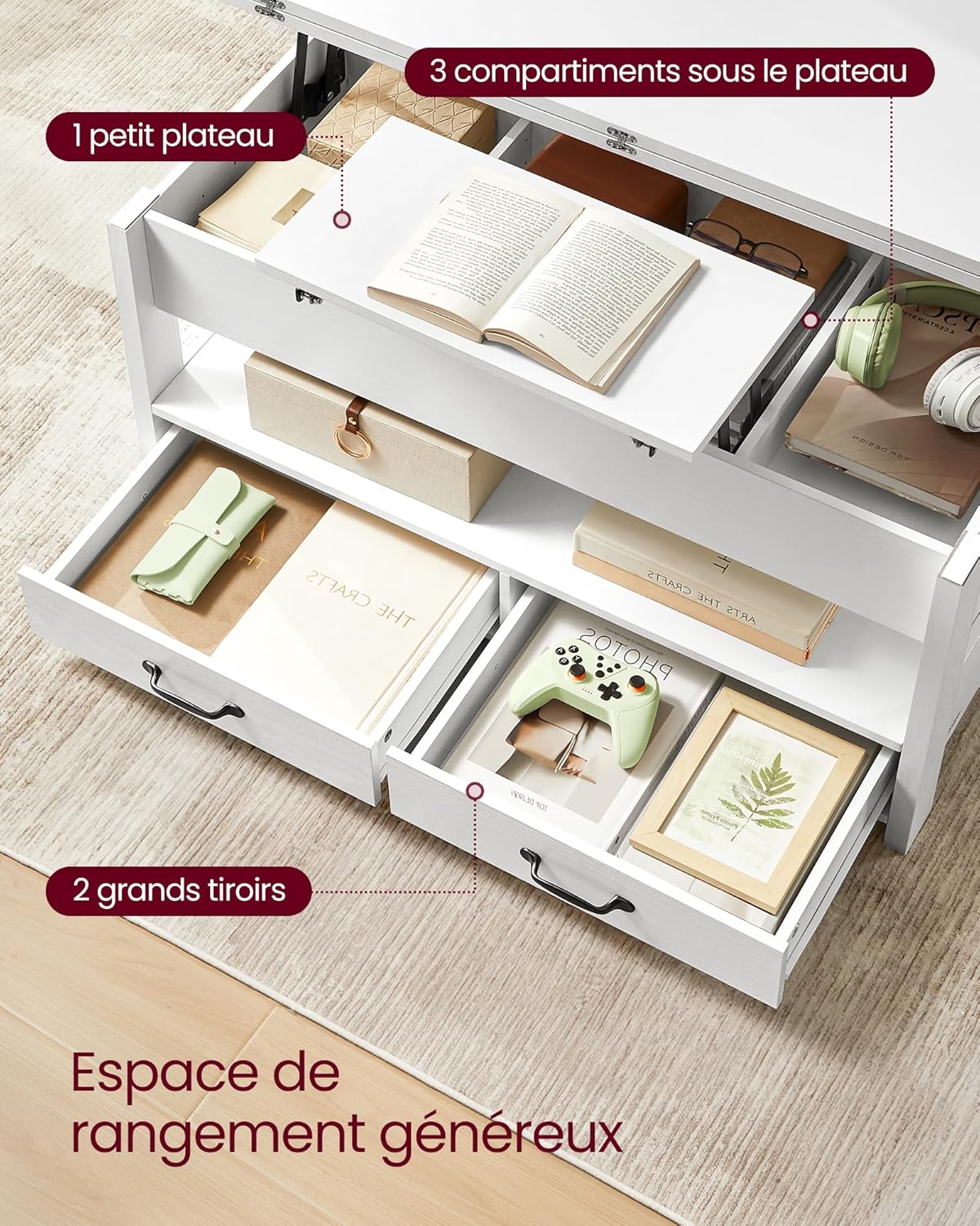 VASAGLE - Table basse relevable, 2 tiroirs, 3 compartiments, blanc, LCT254W02