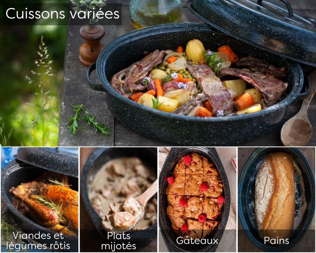 Graniteware - Cocotte Roaster moyen - acier émaillé, grille inox, livre recette