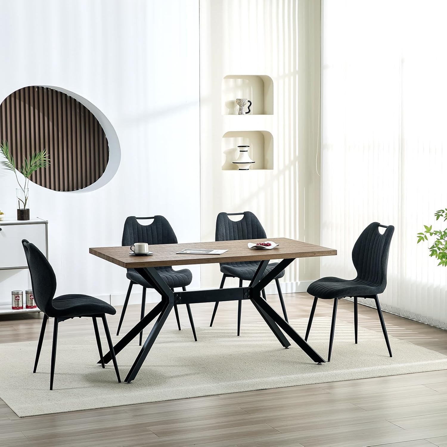 Chaises de salle à manger - lot de 6 - tissu gris foncé, pieds métal, dossier tapissé, assise confortable