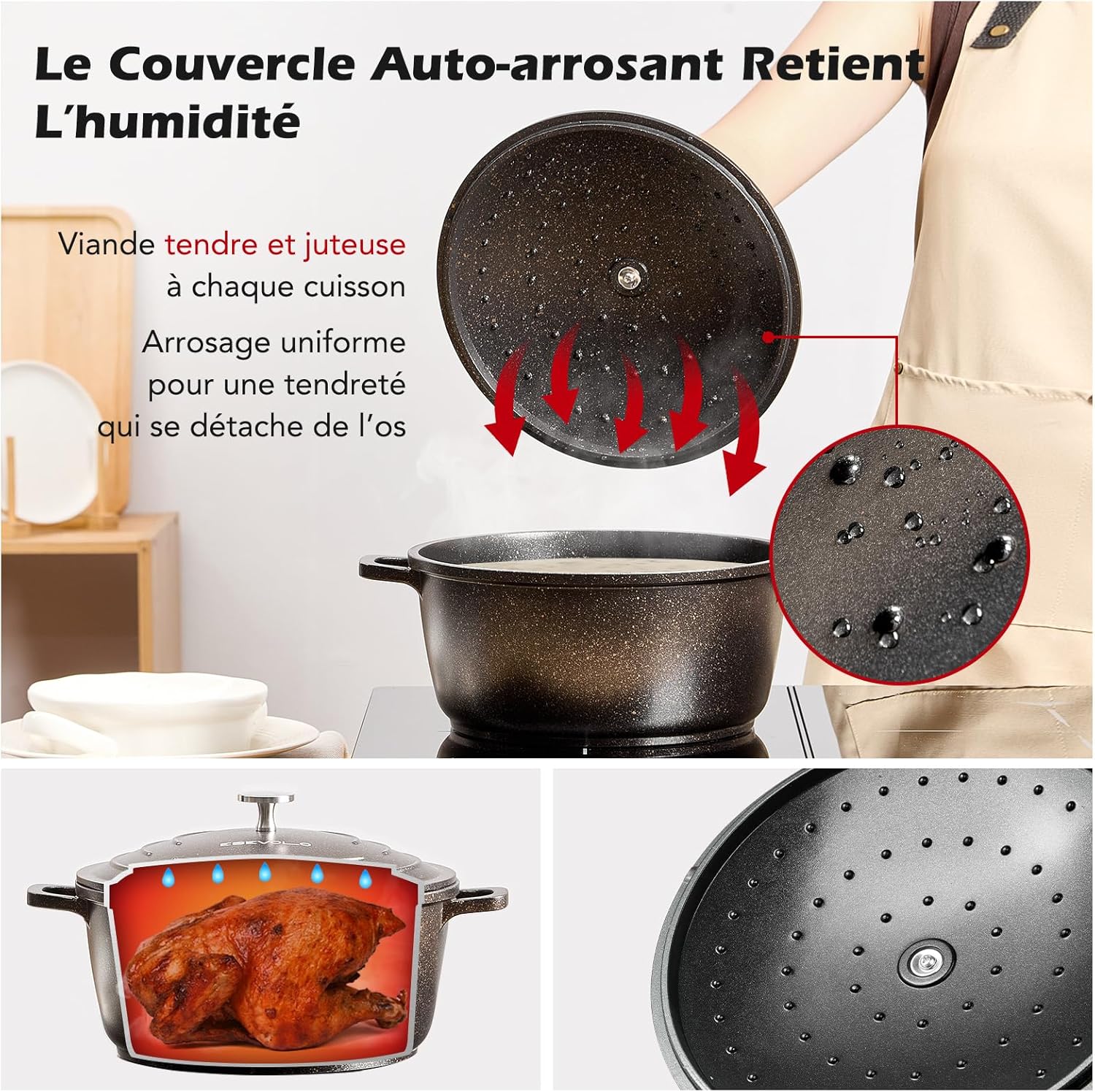 Cocotte fonte ronde 24cm, 4,5L, revêtement antiadhésif, induction