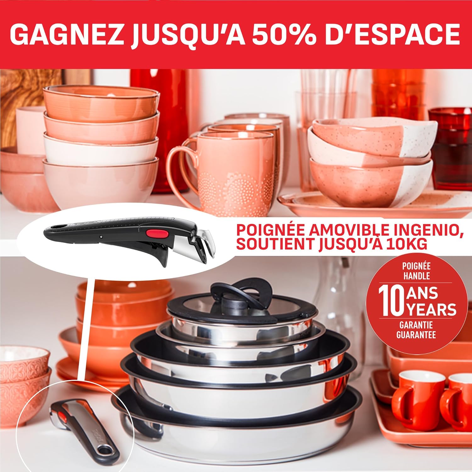 Tefal - Ingenio Preference On - 16/18/20 cm - inox, induction, poignée amovible, empilable, gain de place L898S334