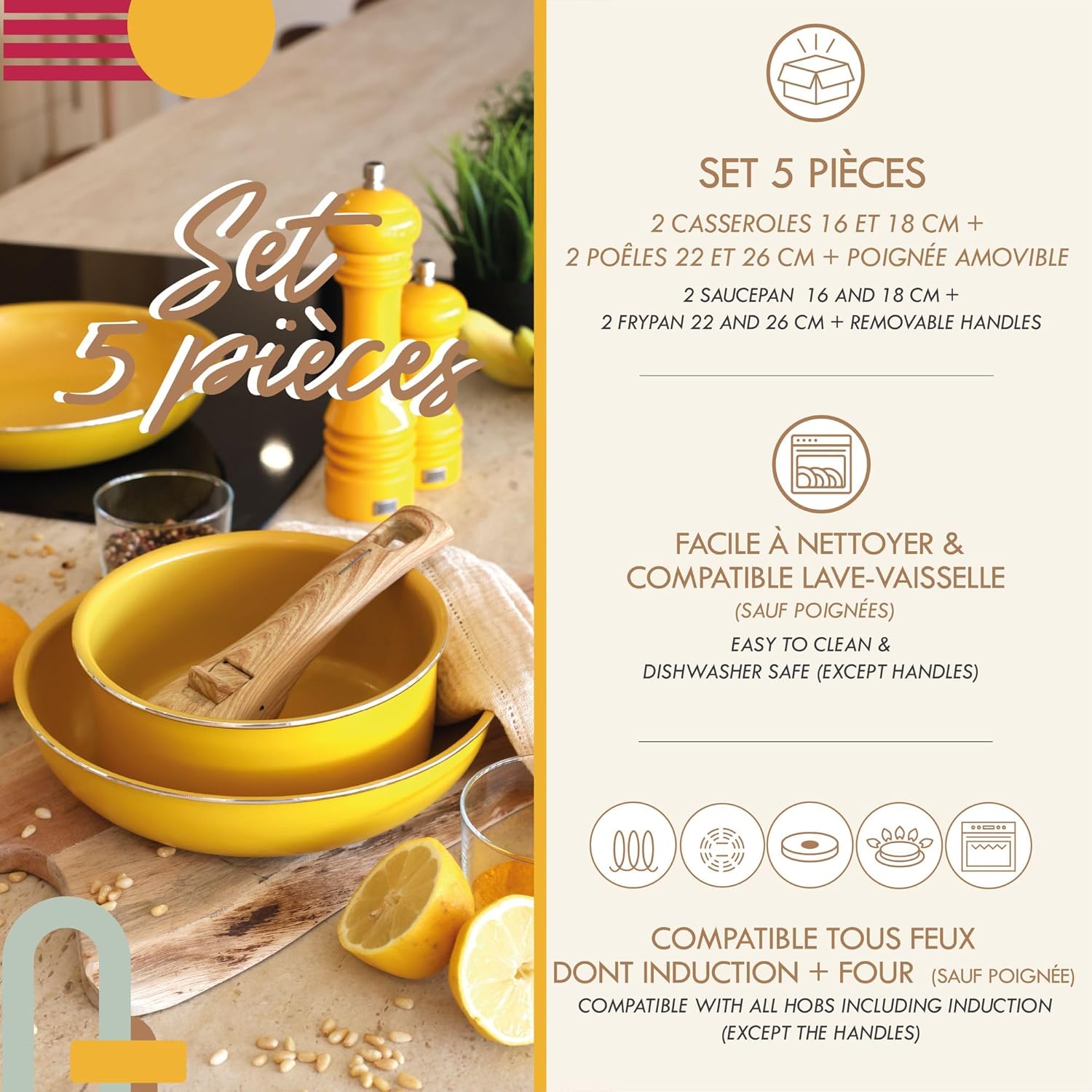 MENASTYL - Colorama - 2 poêles, 2 casseroles, poignée - céramique induction