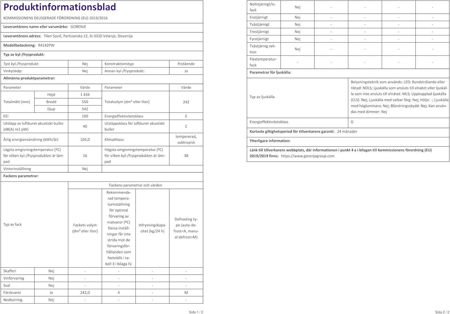 Gorenje - R4142PW - 242 L Autoportant, classe E, couleur blanche, R4142PW