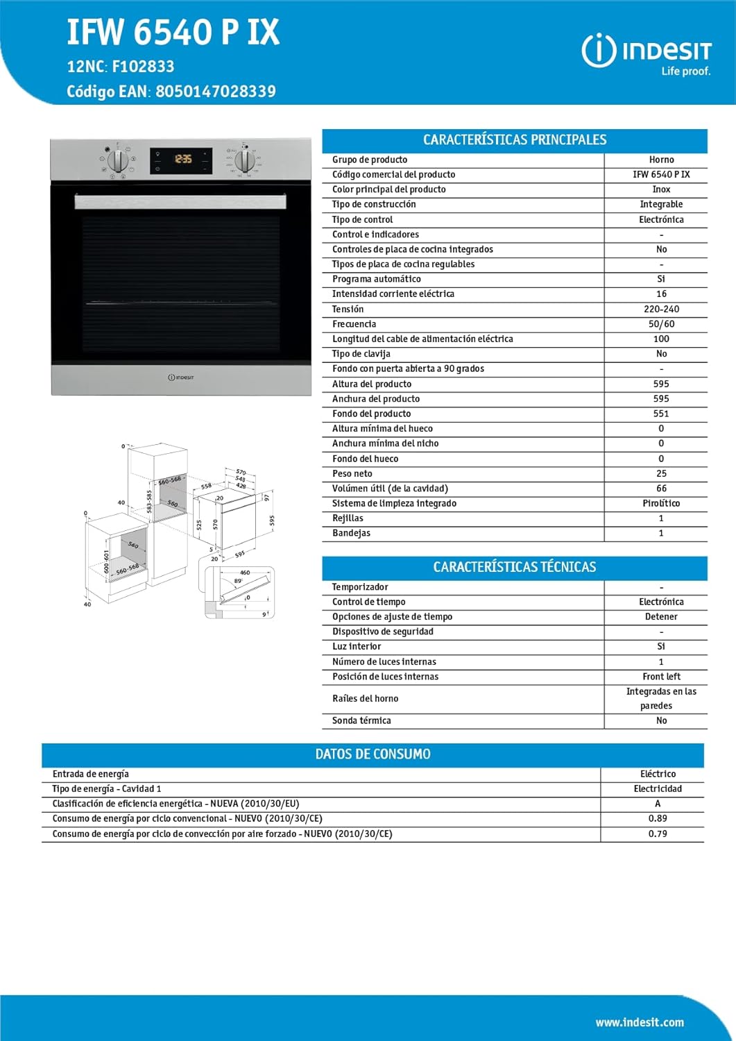 Indesit - four encastrable série IFW - 66L pyrolyse, 7 modes, IFW6540PIX