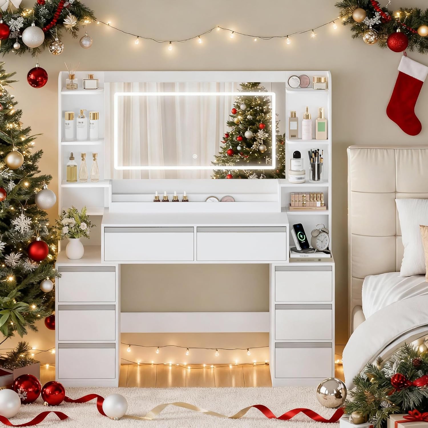 Coiffeuse - 135 cm - miroir LED, 8 tiroirs, prises, blanc-argent