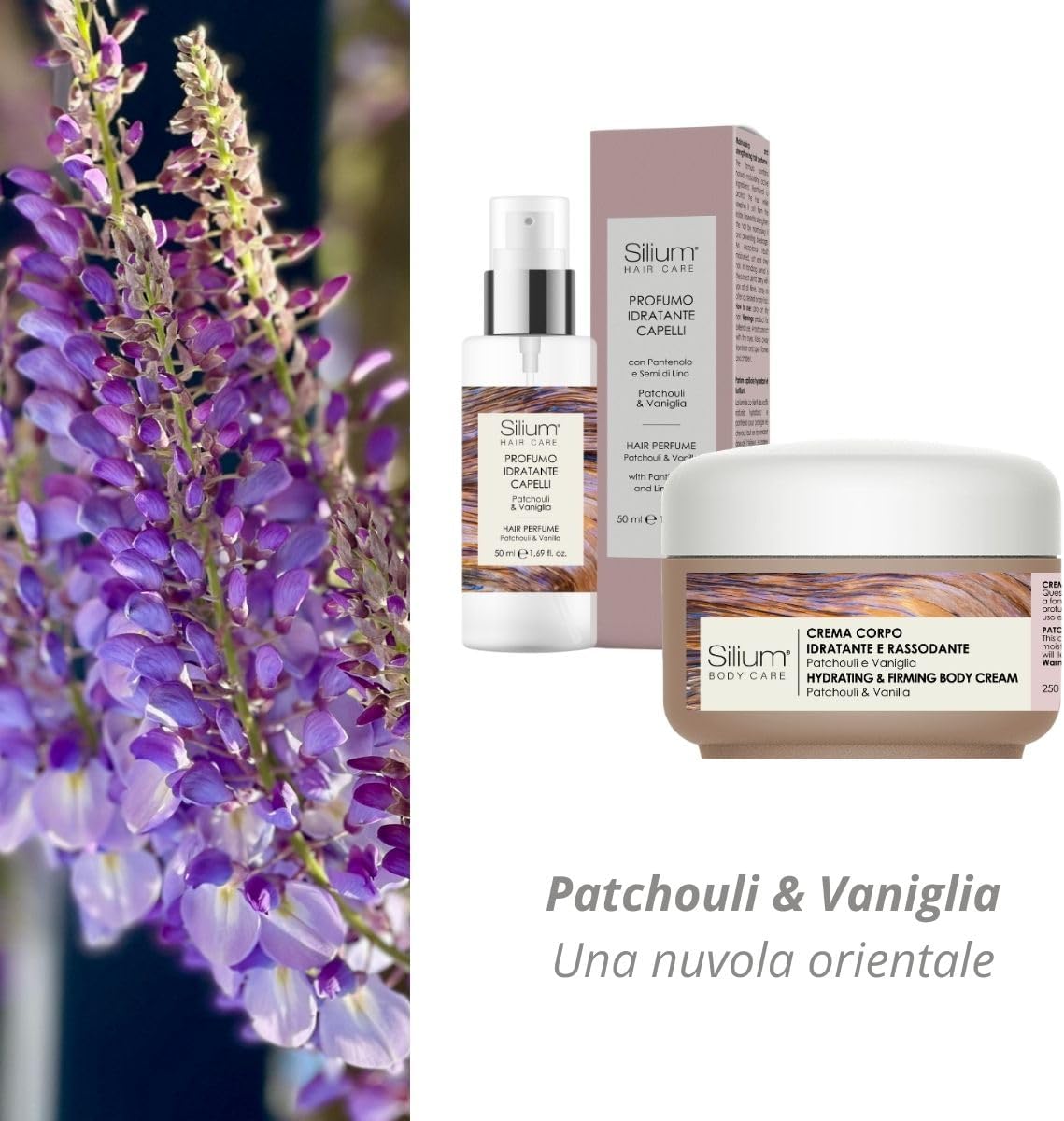 Parfum hydratant fortifiant cheveux + crème corps - patchouli, vanille, panthénol, graines de lin, jojoba, karité
