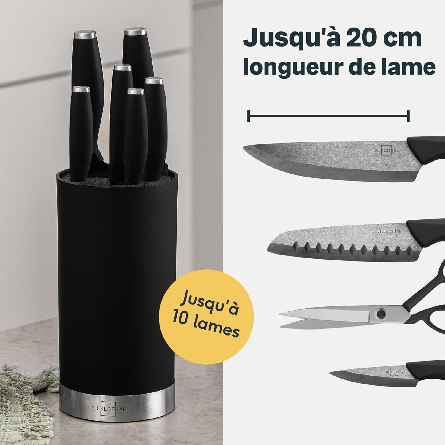 SILBERTHAL - Bloc couteaux universel inox noir, 7-10 pièces, inserts protecteurs