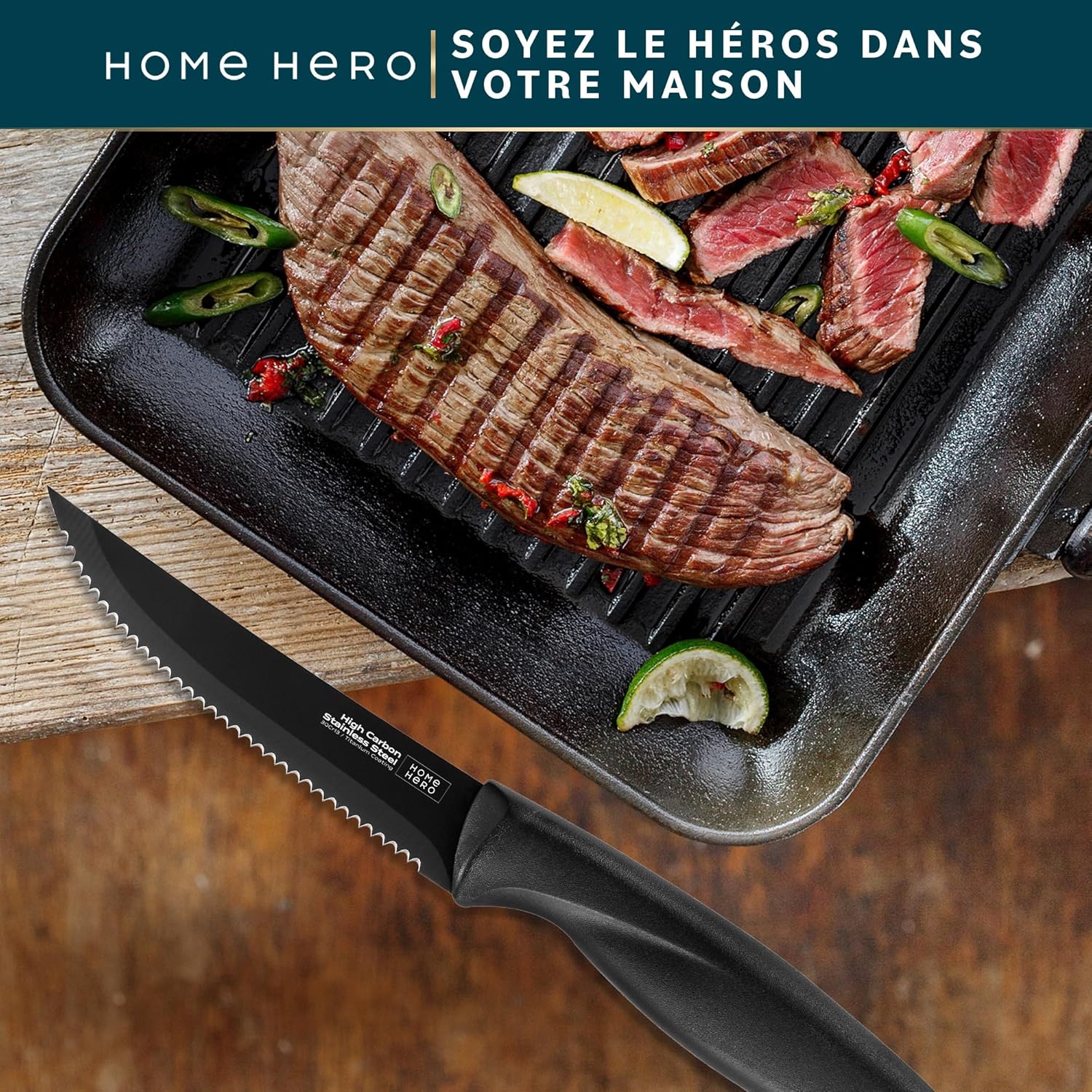 Couteaux à steak - lot de 8, 21cm, inox, lame dentelée, manche noir