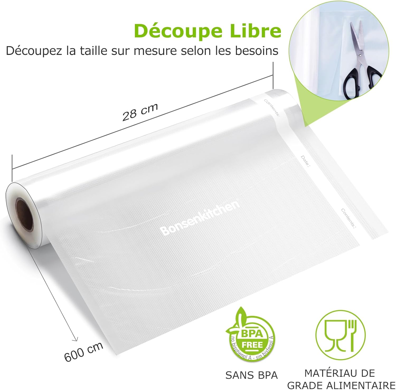 Bonsenkitchen - sacs sous vide - 2x 28x600cm - sans BPA, cuisson, VB3207