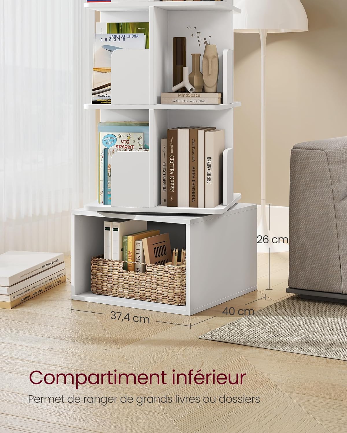 VASAGLE - Custos Collection - 40x40x124,6 cm - bibliothèque rotative 4 niveaux, pivot 360°, blanc nuage LBC471WB01