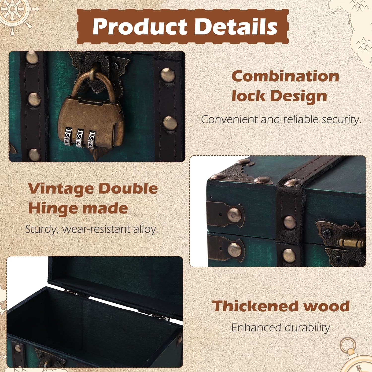 Coffre à trésor en bois vert - cadenas pirate, tiroir à bijoux, tirelire enfant, décoration - avec couvercle